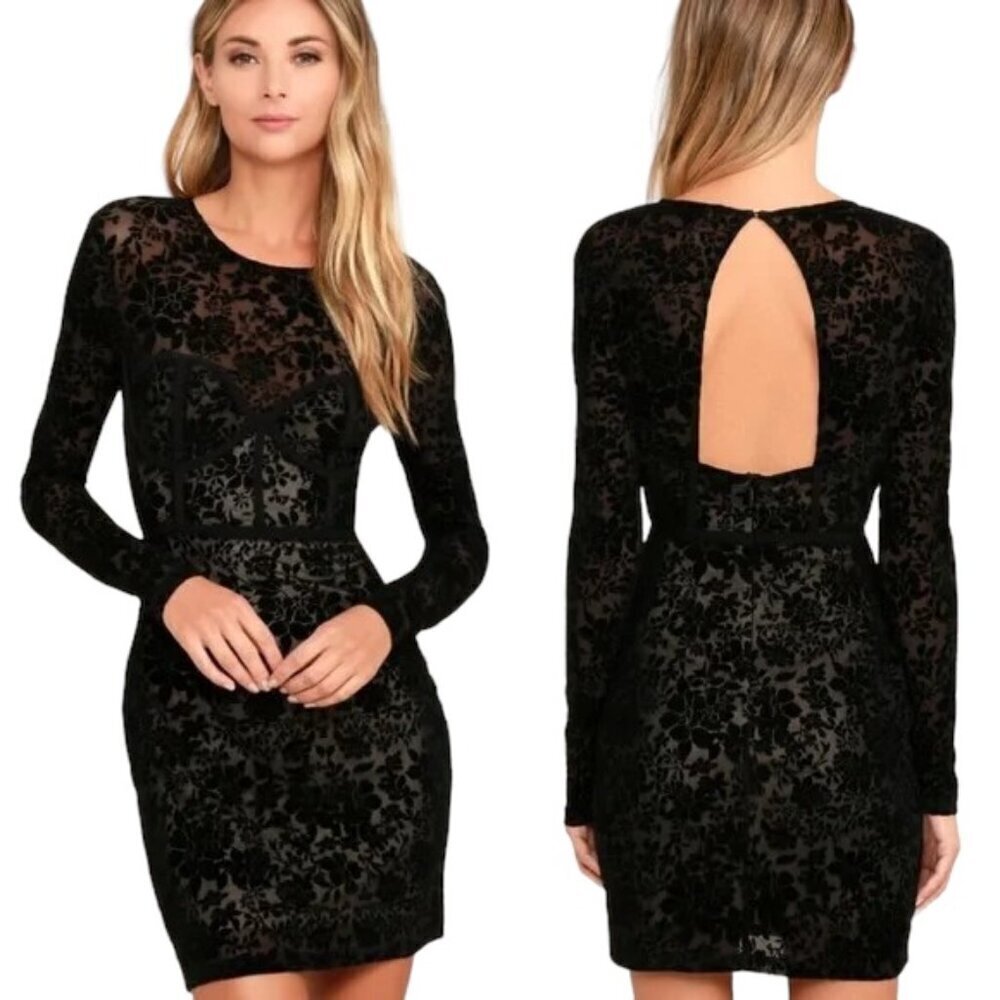 LULU'S Cor-set To Go Black Burnout Velvet Print Dress - Size Large